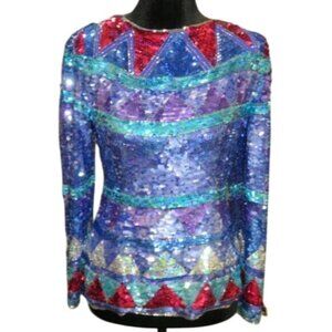 A.J. Bari 100% Silk Shimmer Sequin Long Sleeve Evening Wear Top size 8 M Vintage